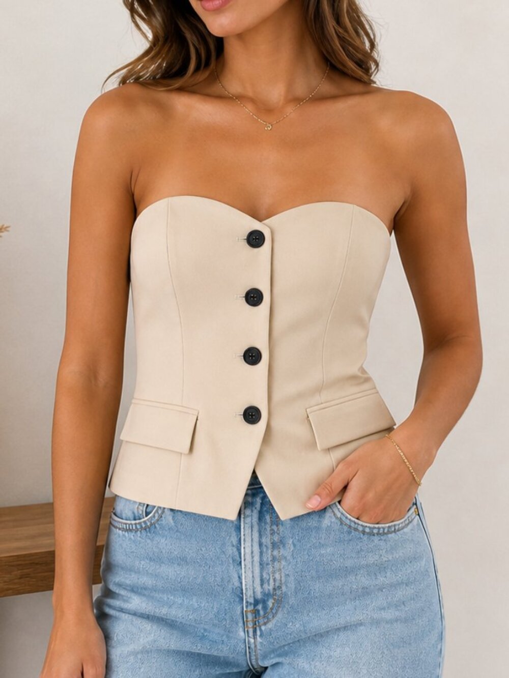 Sincerely Jules Tan Strapless Button Front Corset Top Bustier Size Medium NEW